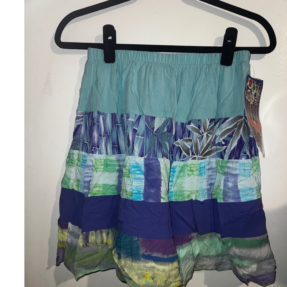 Vtg Jams World Sz M Mint Patchwork Tiered Mini Skirt  NWT Rayon Hawaii Boho